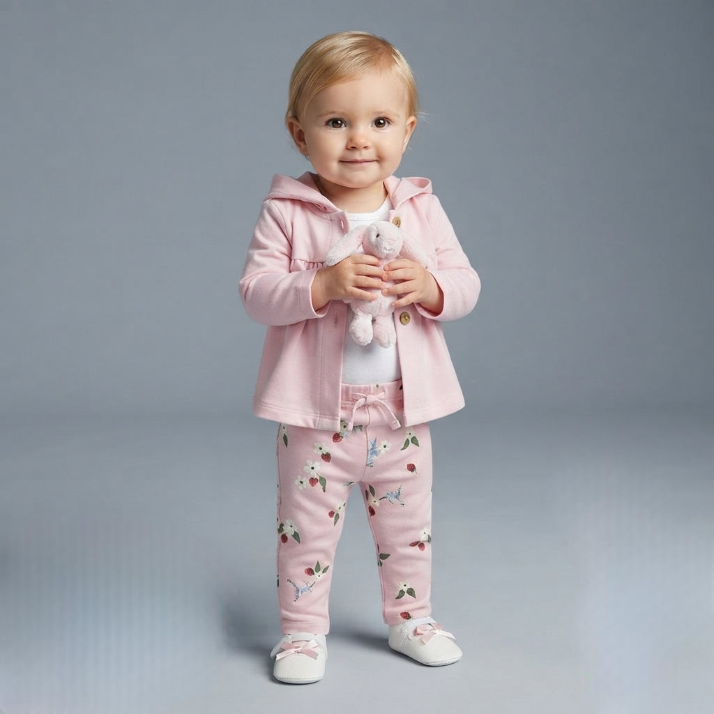 Bebé niña vistiendo conjunto EmpiBy de 3 piezas: chaqueta rosa, body blanco y legging estampado con frutas y flores.