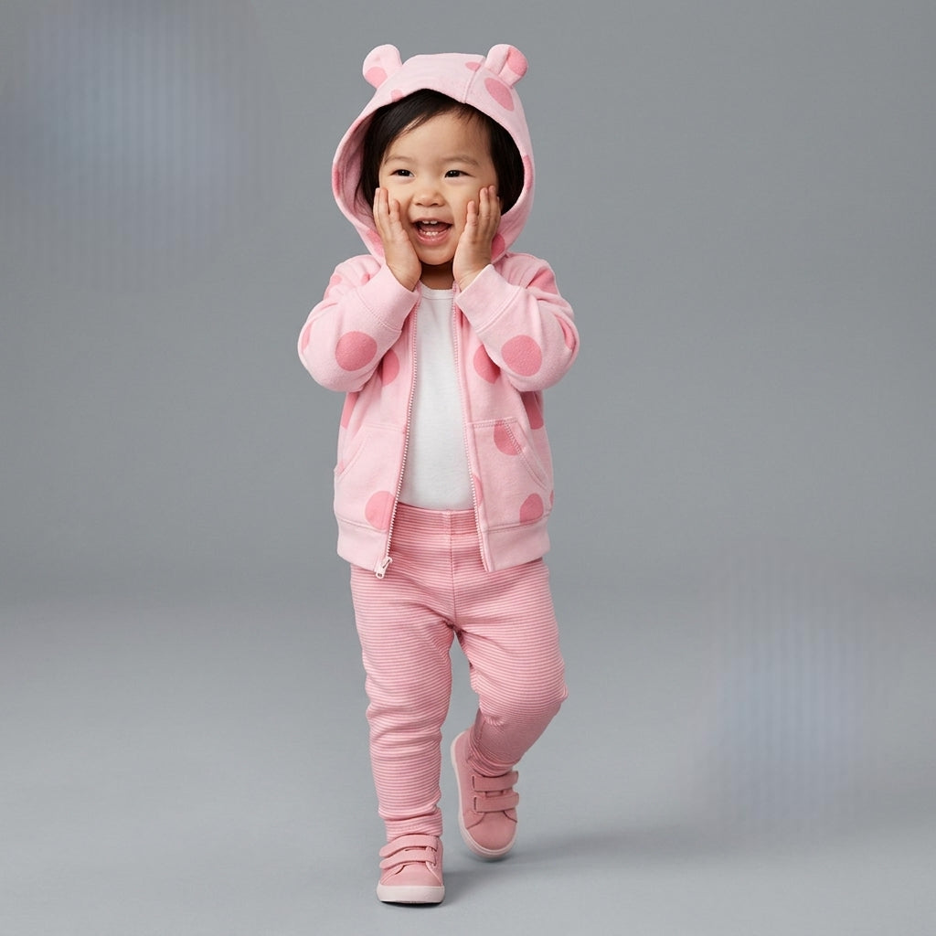 Bebé niña sonriente vistiendo conjunto EmpiBy de 3 piezas: chaqueta rosa con lunares y orejitas, body y pantalón