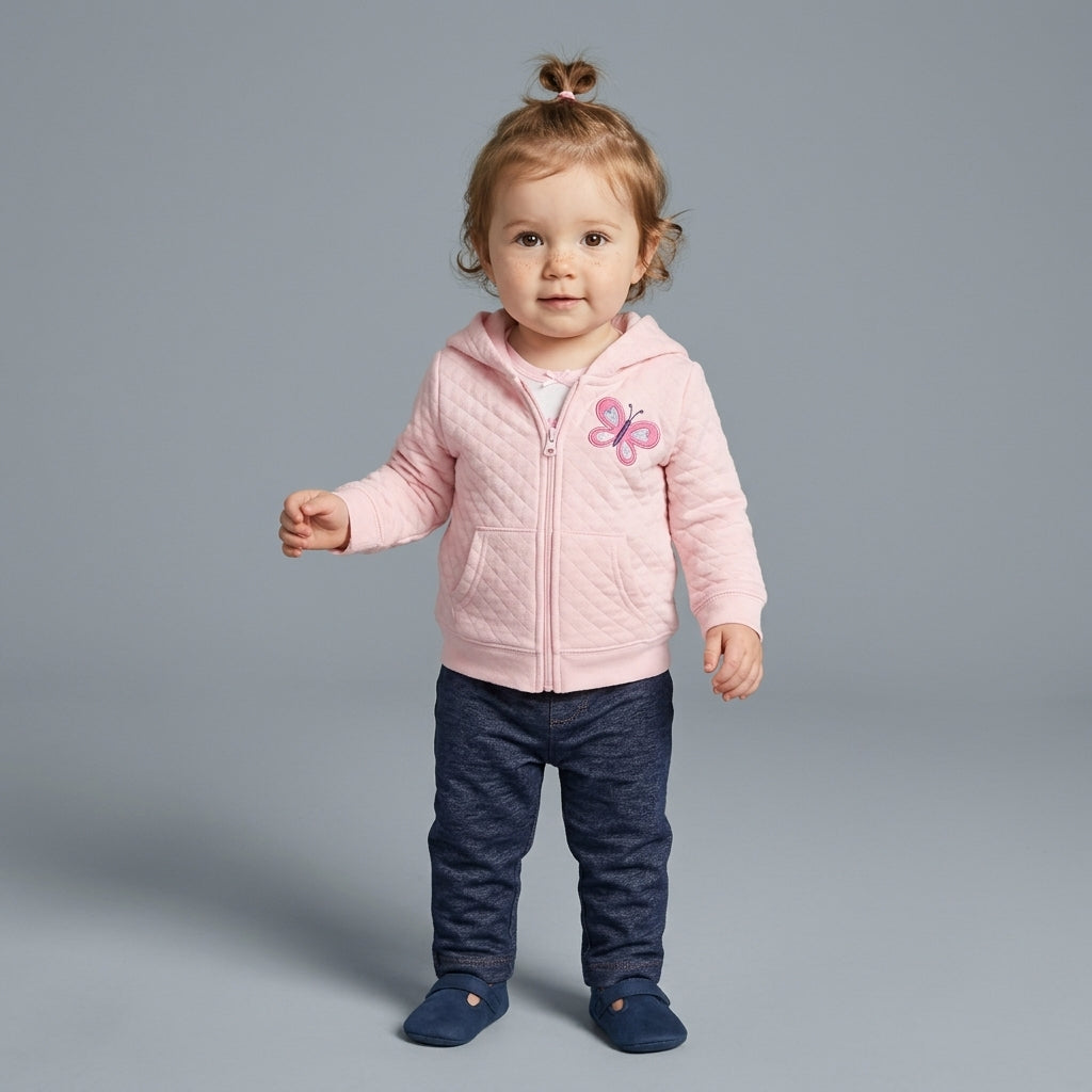 Bebé niña vistiendo conjunto EmpiBy de 3 piezas: chaqueta rosa acolchada con mariposa, body blanco y leggings azules.