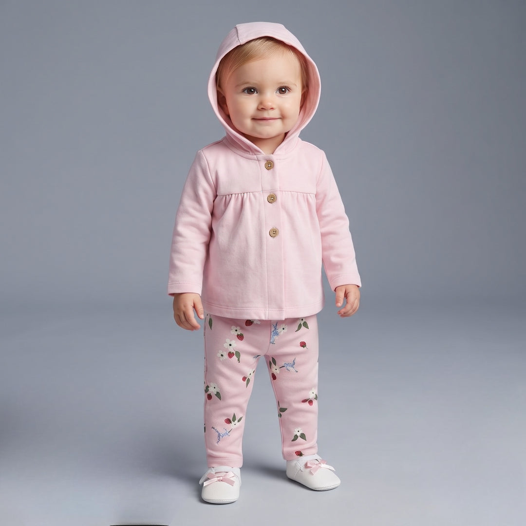 Bebé niña vistiendo conjunto EmpiBy de 3 piezas: chaqueta rosa con capucha, body blanco con flores y legging estampado