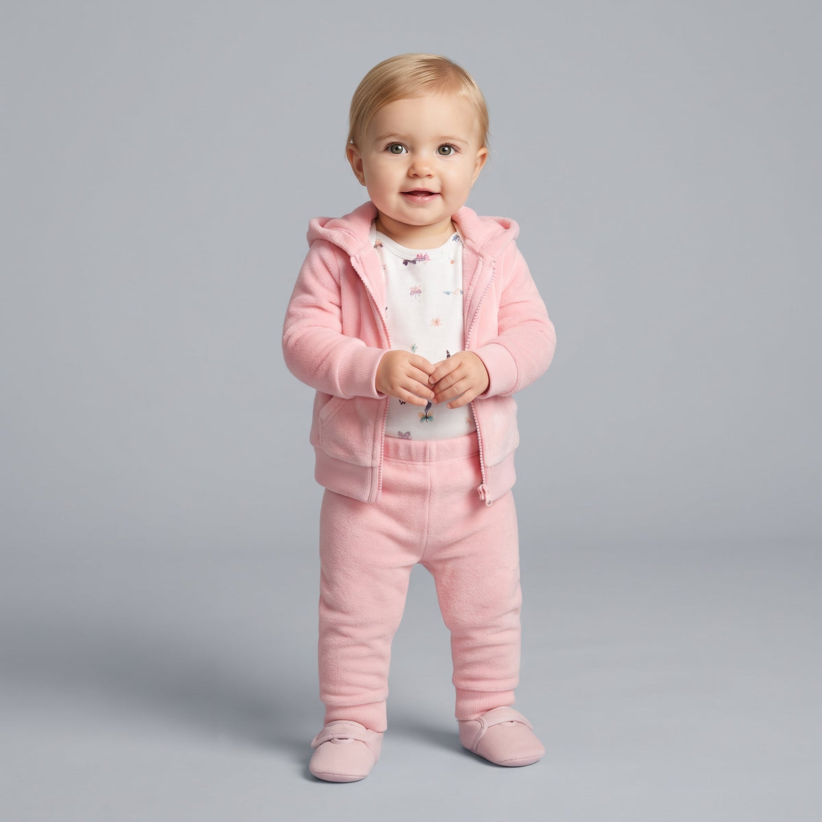 Bebé niña vistiendo conjunto EmpiBy de tres piezas rosa con chaqueta con capucha, body estampado y pantalón cómodo.