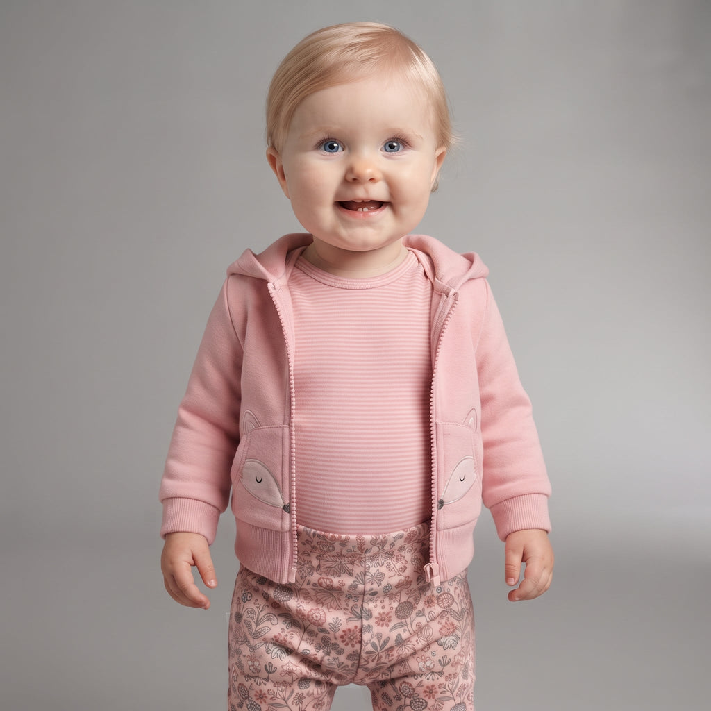 Bebé sonriente vistiendo conjunto EmpiBy de 3 piezas: chaqueta rosa con capucha de zorro, body a rayas y legging