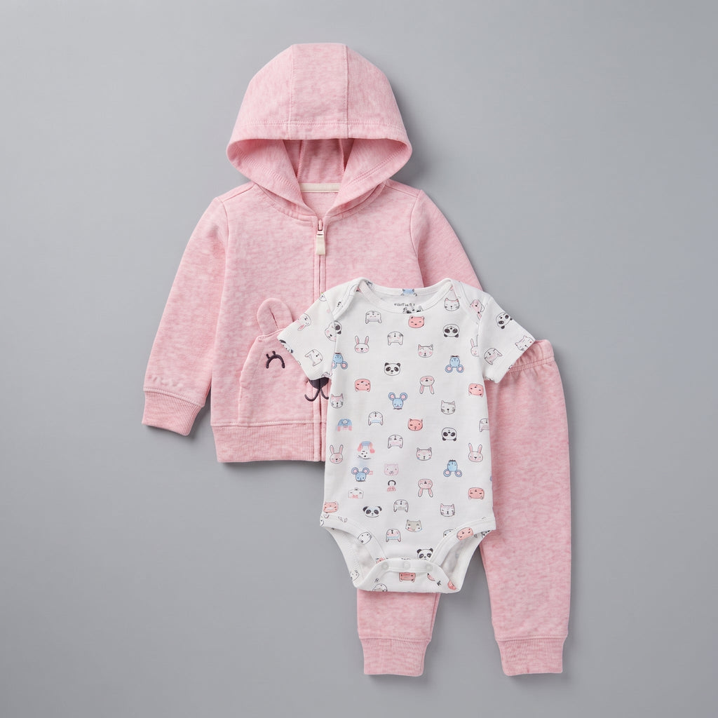 Conjunto EmpiBy de 3 piezas para bebé niña: chaqueta rosa con capucha de osito, body estampado y pantalón jogger.