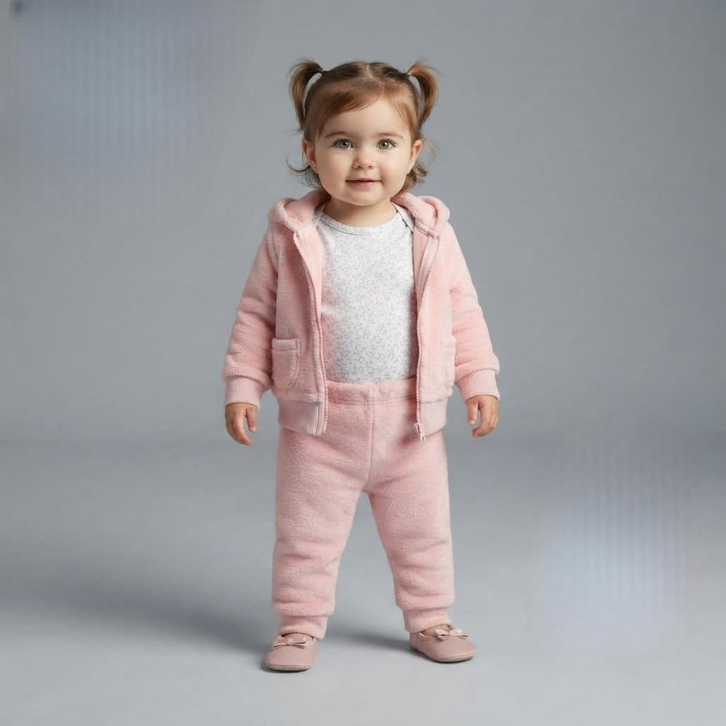 Bebé niña vistiendo conjunto EmpiBy de tres piezas rosa con chaqueta de orejitas, body floral y pantalón afelpado.