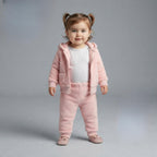 Bebé niña vistiendo conjunto EmpiBy de tres piezas rosa con chaqueta de orejitas, body floral y pantalón afelpado.