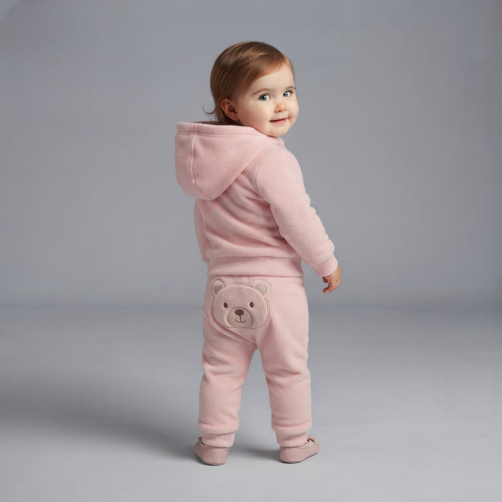 Bebé niña vistiendo conjunto EmpiBy de tres piezas rosa con chaqueta de capucha con orejitas y pantalón con osito