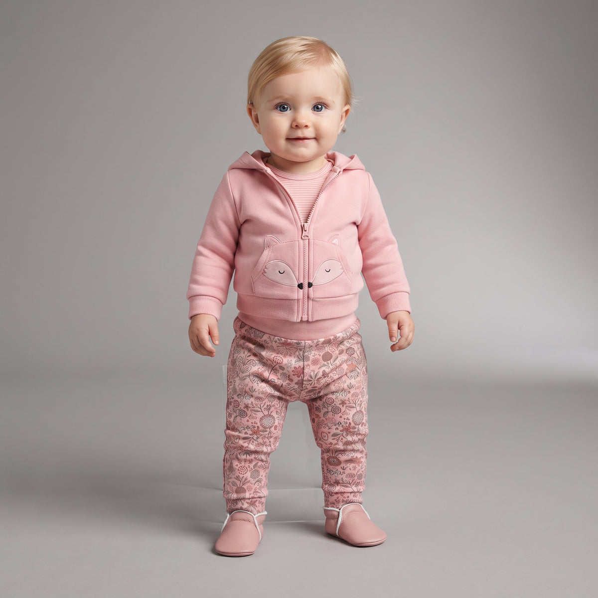 Bebé con conjunto EmpiBy de tres piezas: chaqueta rosa con capucha de zorro, body a rayas y legging estampado floral.