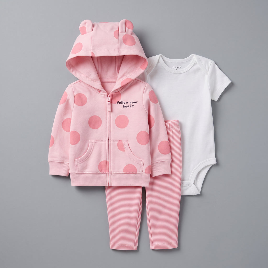 Conjunto EmpiBy de 3 piezas para bebé niña: chaqueta rosa con lunares y orejitas, body blanco y pantalón a rayas