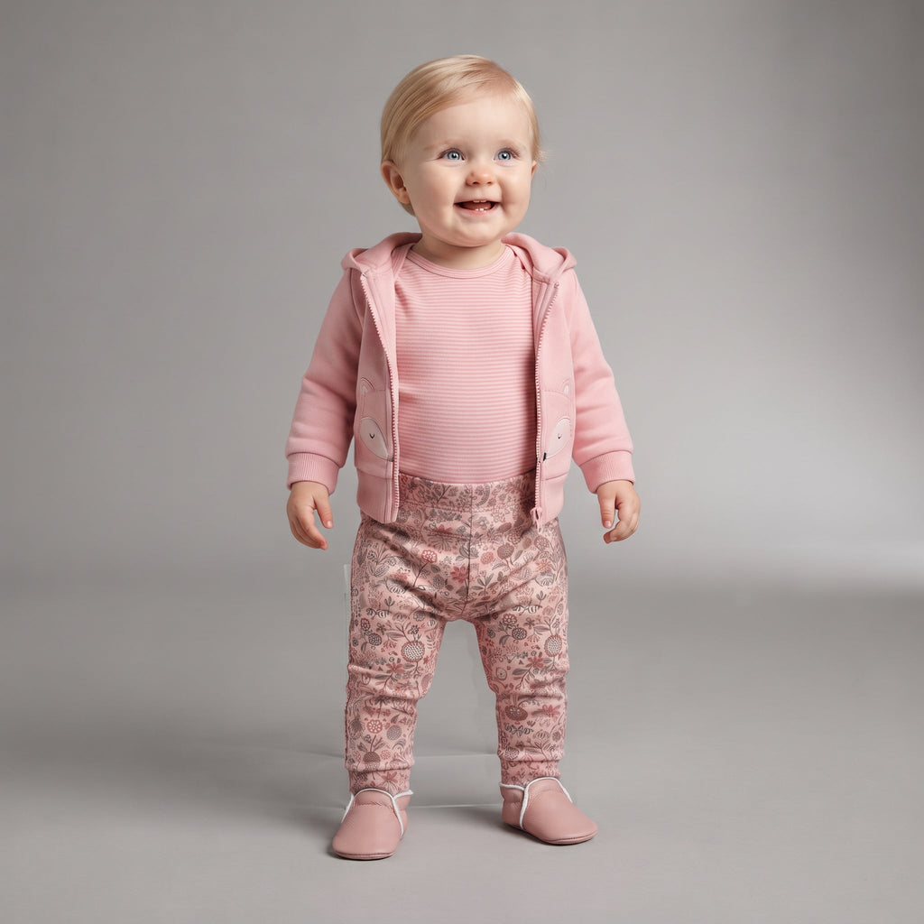 Bebé con conjunto EmpiBy de tres piezas: chaqueta rosa con capucha de zorro, body a rayas y legging estampado floral