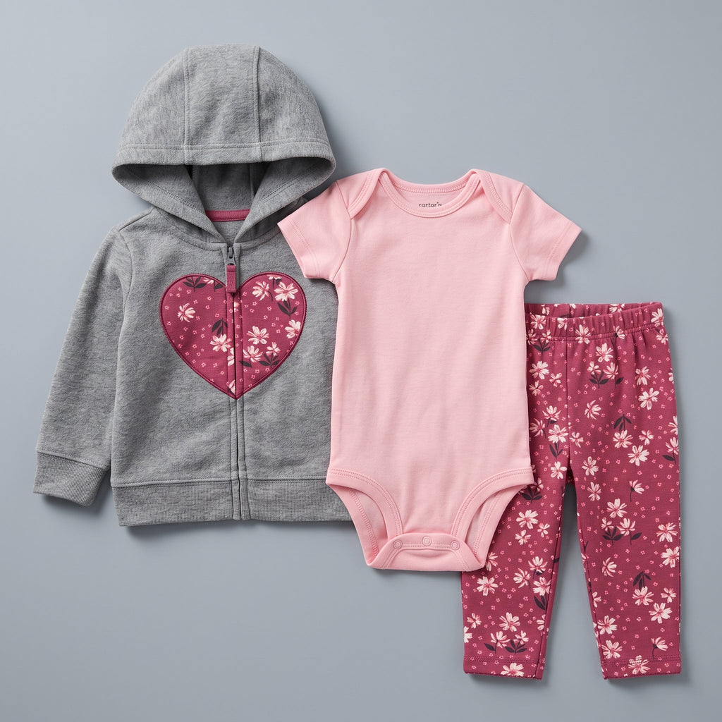 Conjunto EmpiBy de 3 piezas para bebé niña: chaqueta gris con corazón floral, body rosa y leggings estampados.