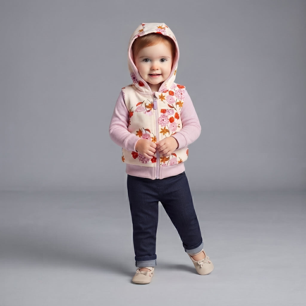 Niña pequeña con conjunto EmpiBy de 3 piezas: chaleco floral con capucha, body morado y pantalón tipo jean azul.