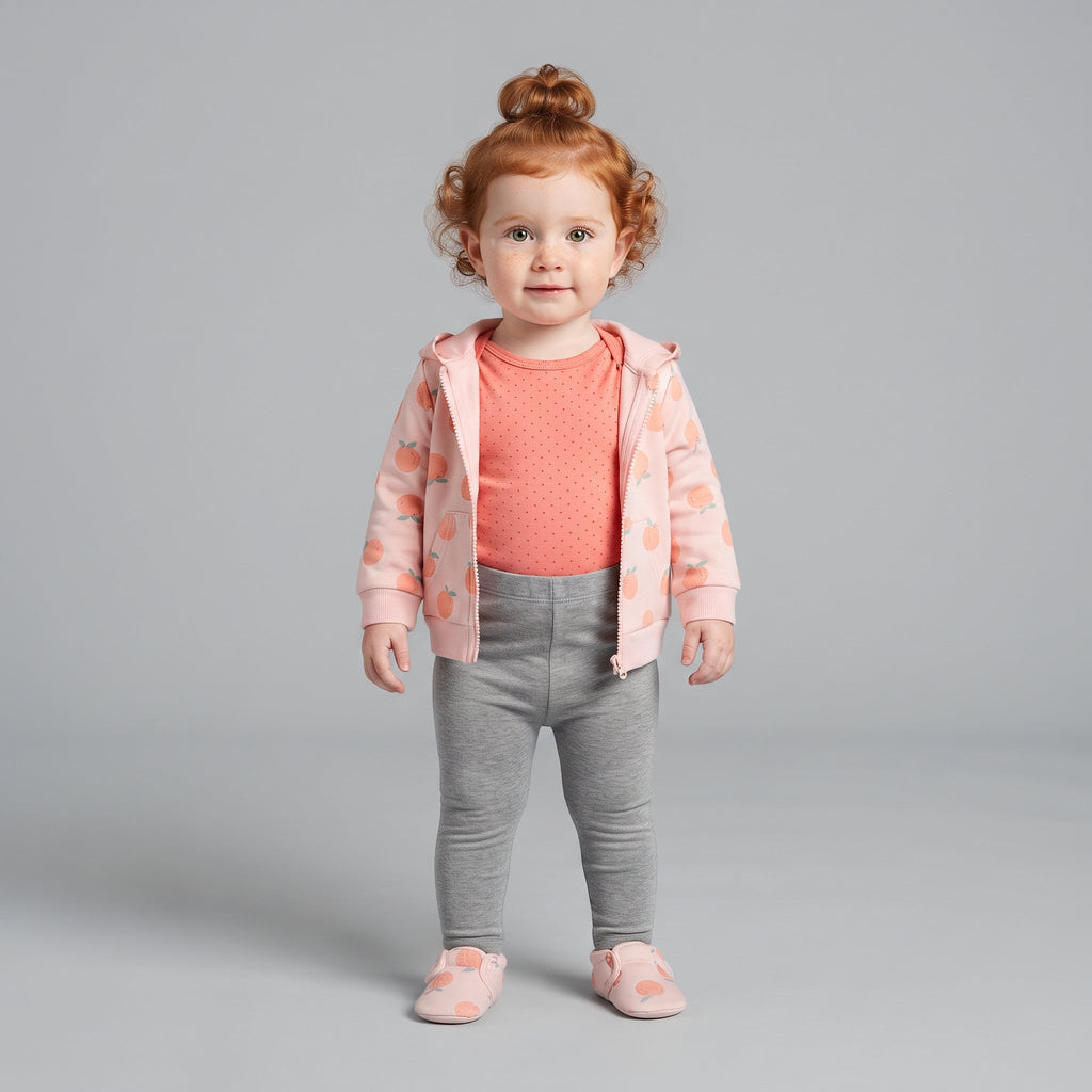 Niña pequeña vistiendo conjunto EmpiBy de tres piezas: chaqueta rosa con melocotones, body salmón y pantalón gris.