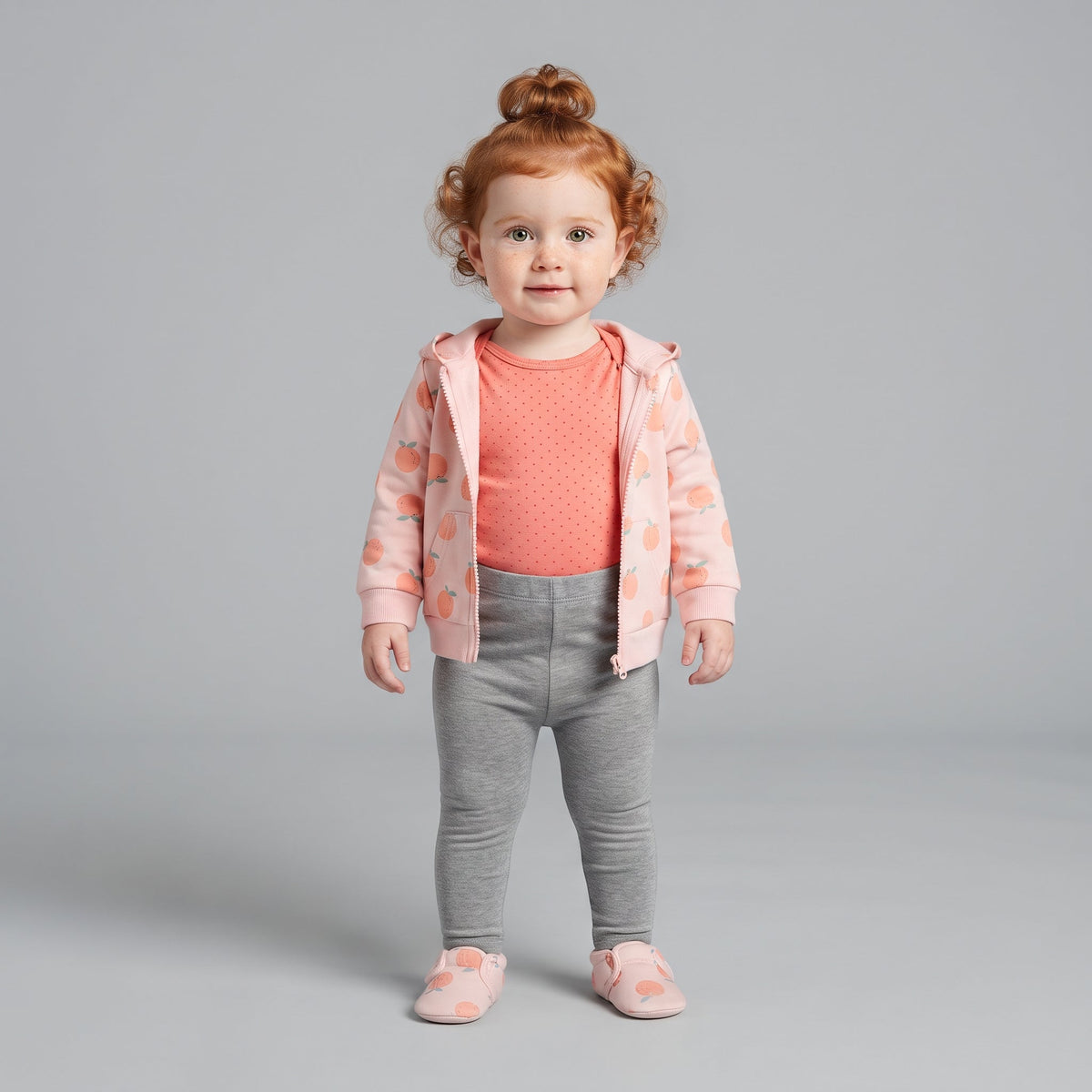 Niña pequeña vistiendo conjunto EmpiBy de tres piezas: chaqueta rosa con melocotones, body salmón y pantalón gris.