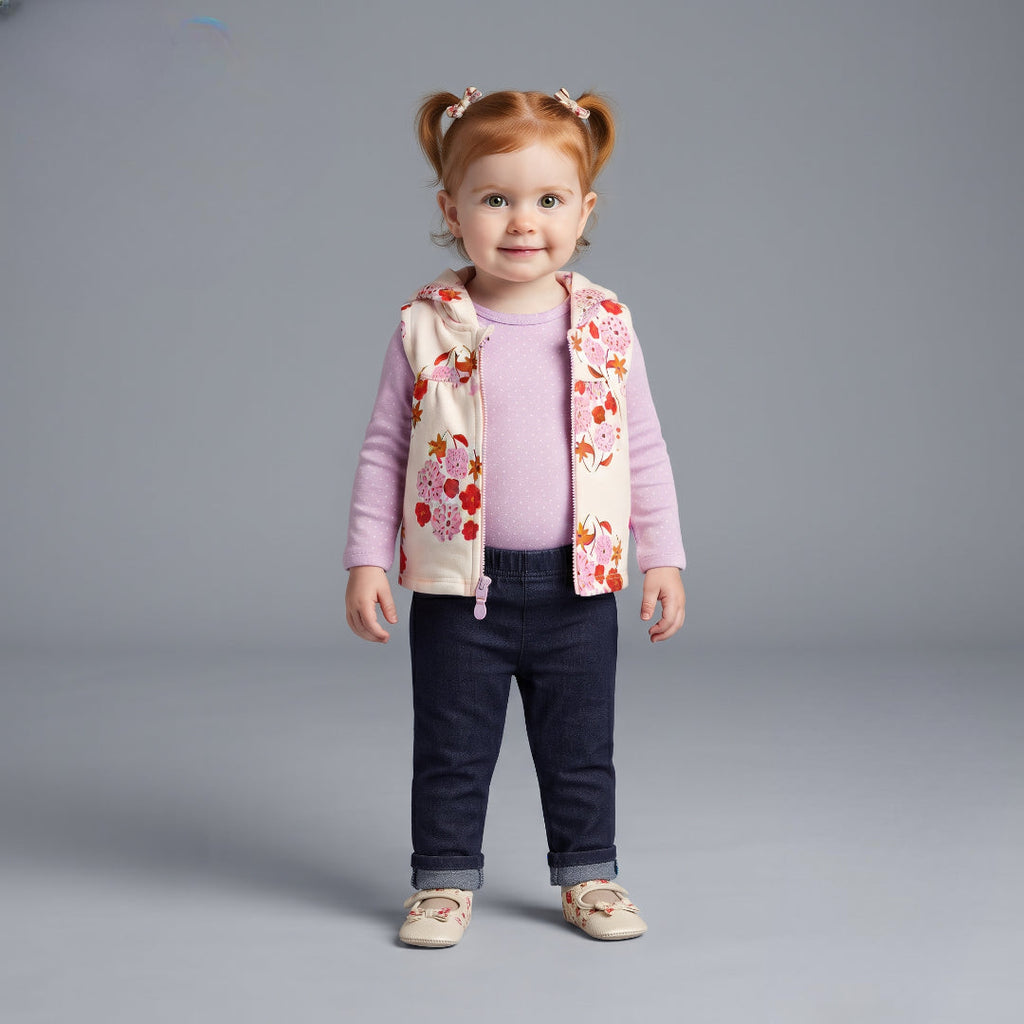 Niña pequeña con conjunto EmpiBy de 3 piezas: chaleco floral marfil, body morado y pantalón tipo jean azul oscuro.