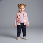 Niña pequeña con conjunto EmpiBy de 3 piezas: chaleco floral marfil, body morado y pantalón tipo jean azul oscuro.