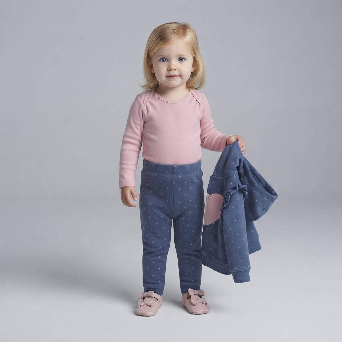Conjunto EmpiBy de 3 piezas para bebé niña con body rosa, pantalón y chaqueta azul de lunares con detalle de corazón
