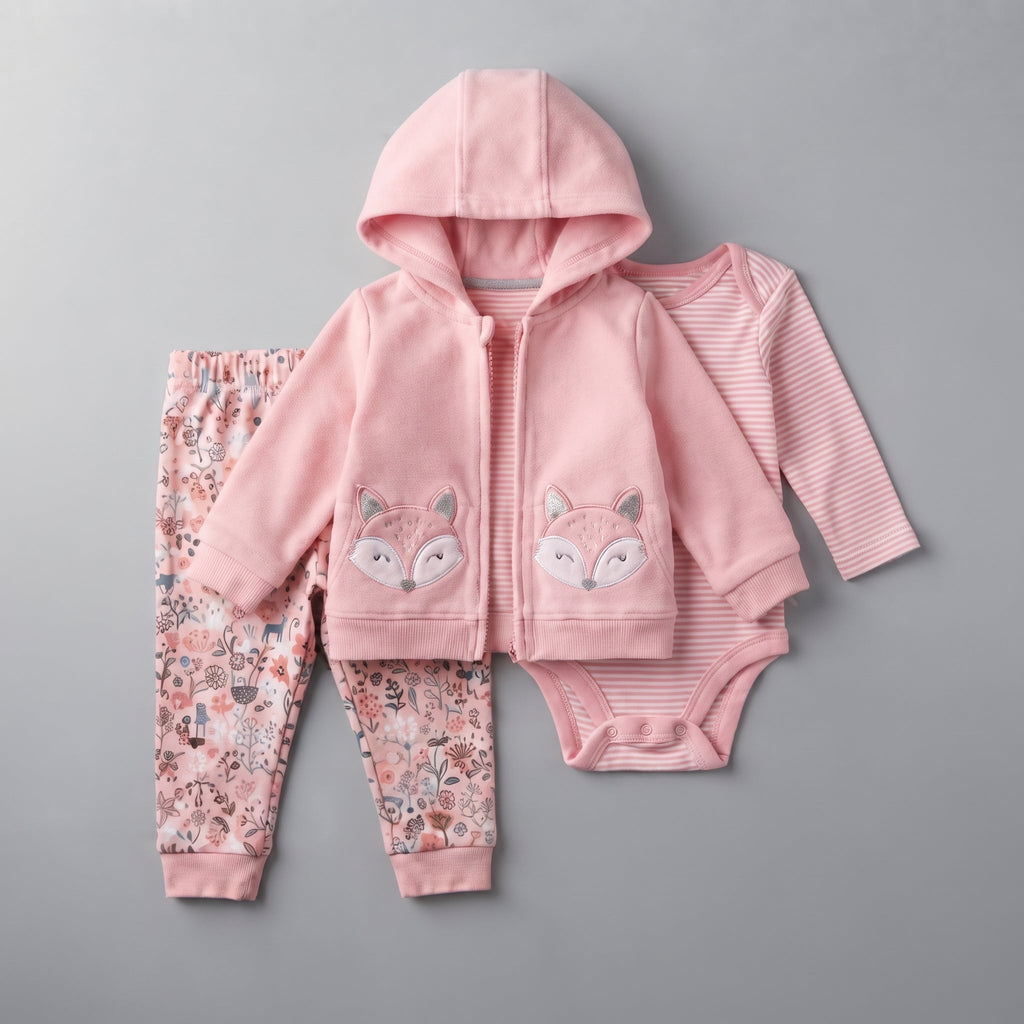 Conjunto EmpiBy de 3 piezas para bebé niña: chaqueta rosa con capucha de zorro, body a rayas y legging estampado