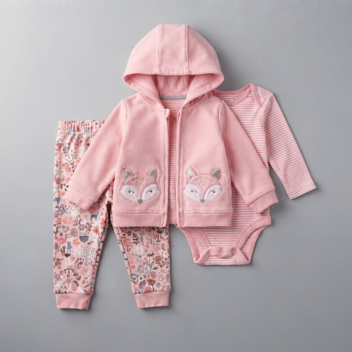 Conjunto EmpiBy de 3 piezas para bebé niña: chaqueta rosa con capucha de zorro, body a rayas y legging estampado