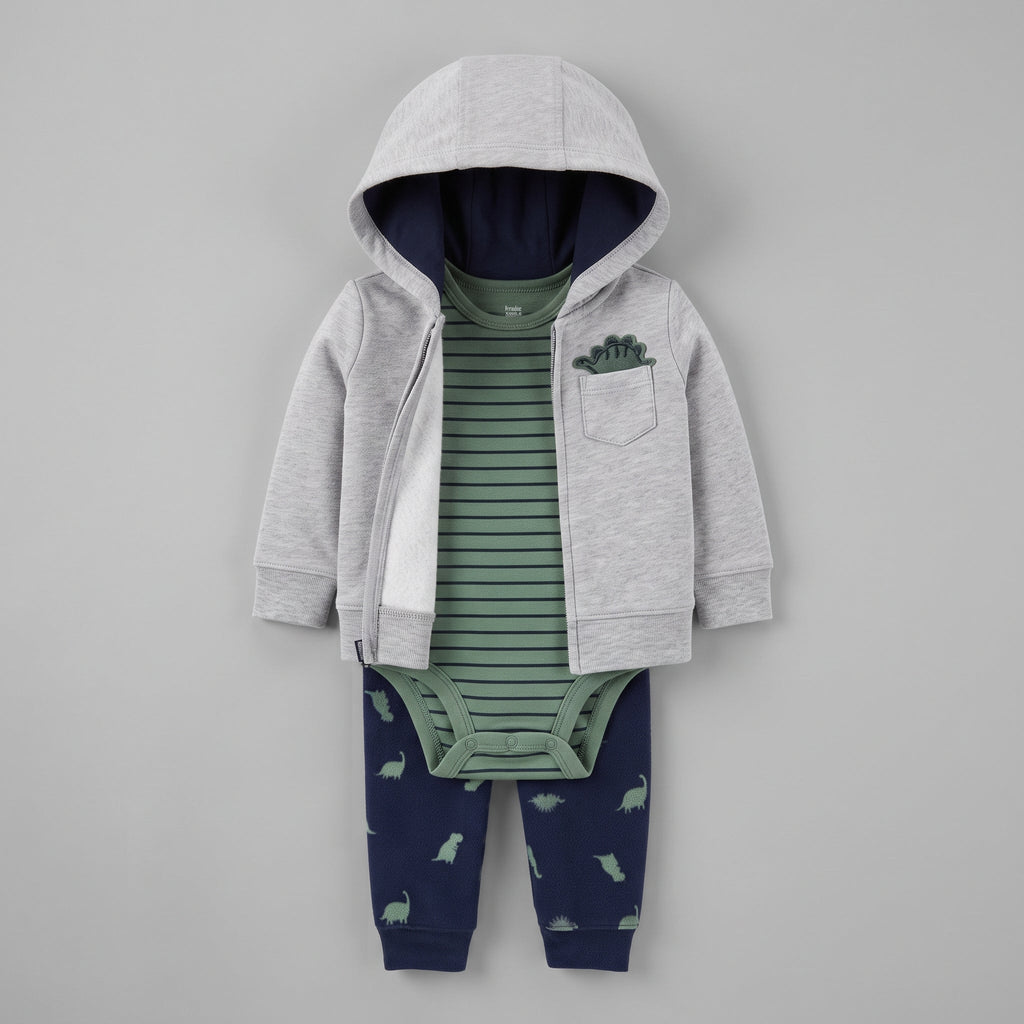 Conjunto EmpiBy de 3 piezas para bebé niño con chaqueta gris, body verde a rayas y pantalón azul con dinosaurios.