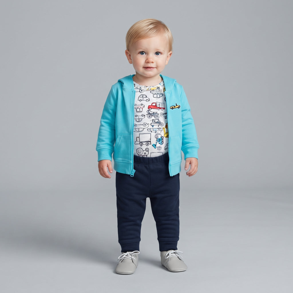 Niño pequeño vistiendo conjunto EmpiBy de tres piezas: chaqueta turquesa, body con estampado de autos y pantalón azul.