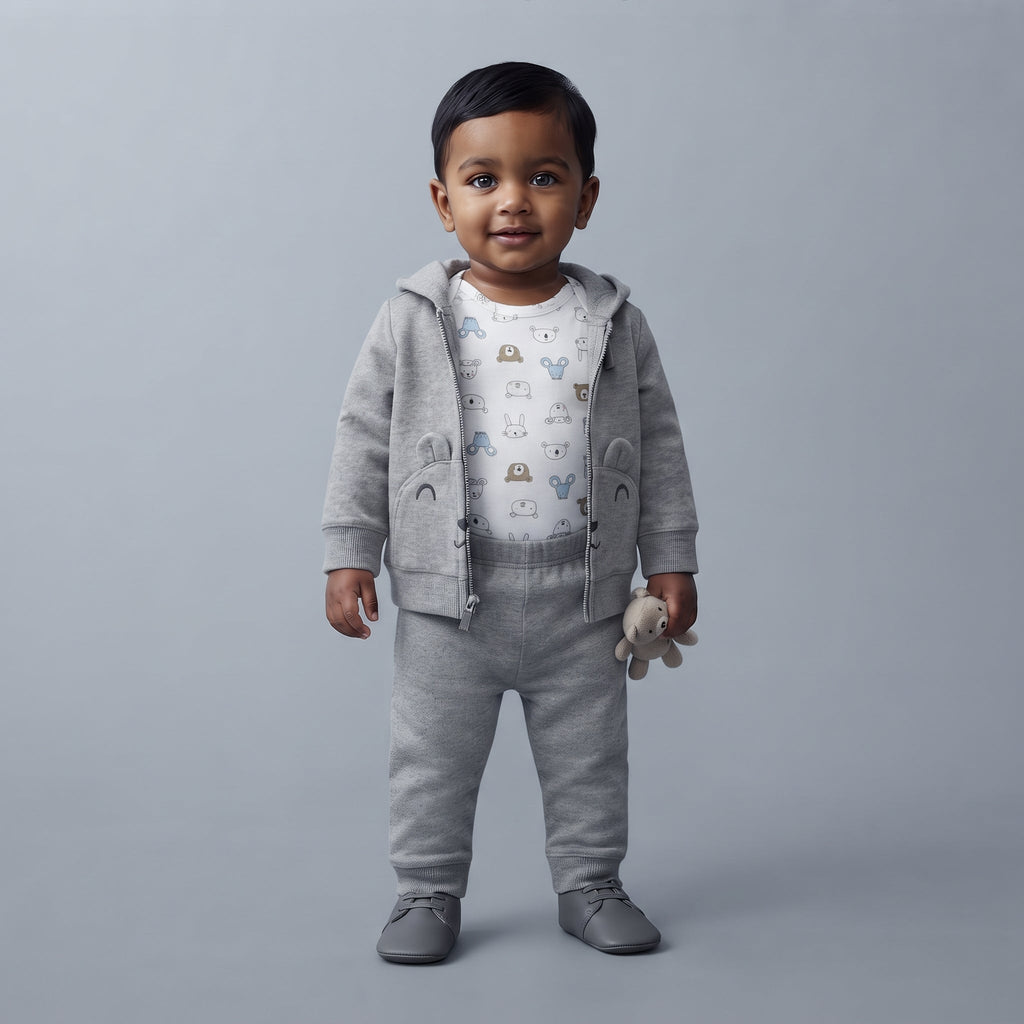 Bebé con conjunto EmpiBy de tres piezas gris: chaqueta con capucha de osito, body estampado y pantalón cómodo.
