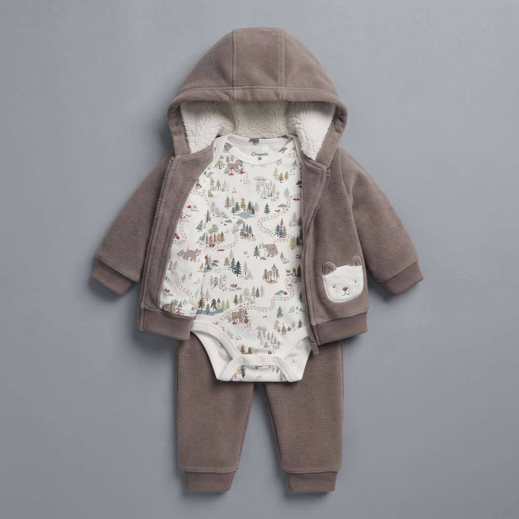 Conjunto EmpiBy de 3 piezas para bebé: chaqueta polar marrón con capucha, body estampado y pantalón a juego.