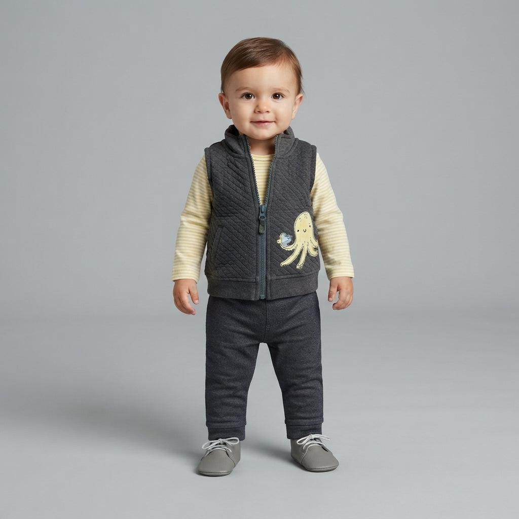 Bebé niño vistiendo conjunto EmpiBy de 3 piezas: chaleco gris acolchado con pulpo, body amarillo a rayas y pantalón