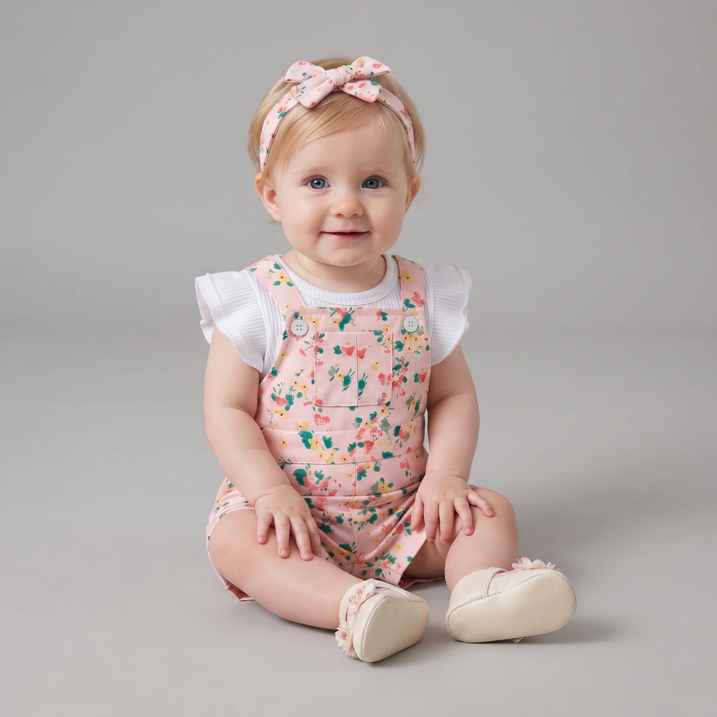 Bebé con conjunto EmpiBy de peto corto rosa con flores, camiseta blanca con volantes y diadema con lazo a juego