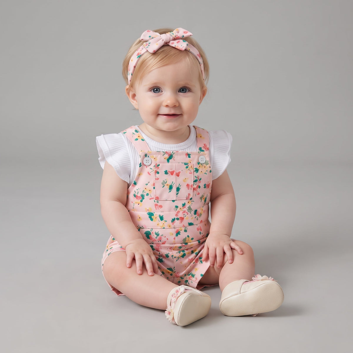 Bebé con conjunto EmpiBy de peto corto rosa con flores, camiseta blanca con volantes y diadema con lazo a juego