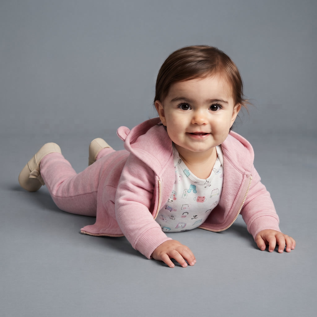 Bebé sonriente con conjunto EmpiBy rosa de tres piezas, chaqueta con orejitas de oso, body estampado y pantalón jogger.