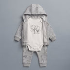 Conjunto EmpiBy de 3 piezas para bebé: chaqueta gris con capucha, pantalón estampado y body blanco con elefante.