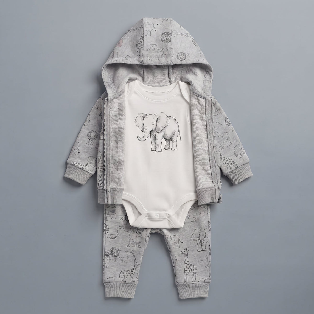 Conjunto EmpiBy de 3 piezas para bebé: chaqueta gris con capucha, pantalón estampado y body blanco con elefante.
