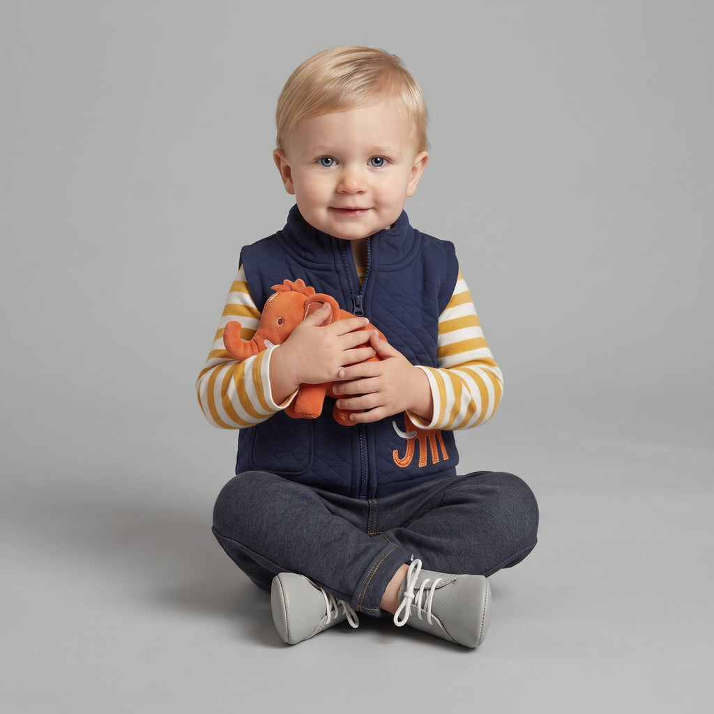 Bebé con conjunto EmpiBy de 3 piezas: chaleco azul marino, body a rayas y pantalón gris, sosteniendo un mamut naranja.