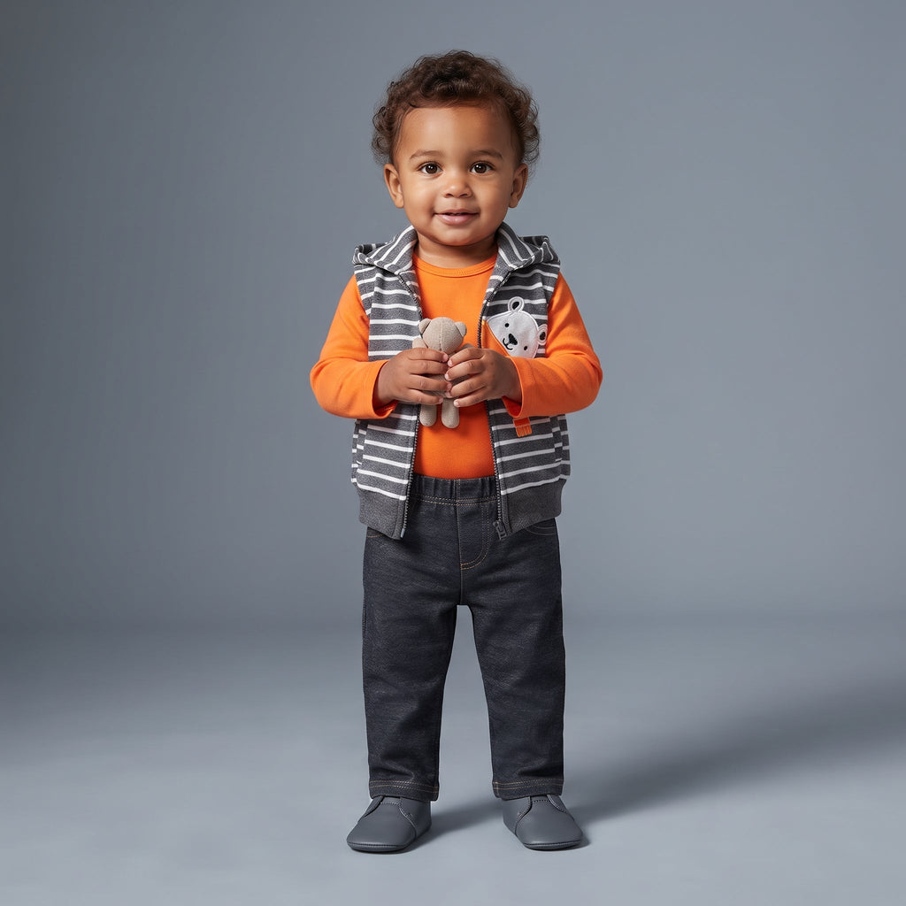 Bebé niño con conjunto EmpiBy de 3 piezas: chaleco a rayas, body naranja y pantalón gris oscuro con osito de peluche