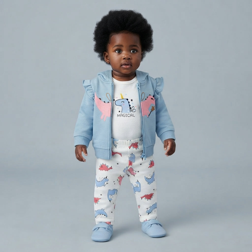 Bebé con conjunto EmpiBy de 3 piezas: chaqueta azul con volantes, body blanco con dinosaurio y pantalón estampado.