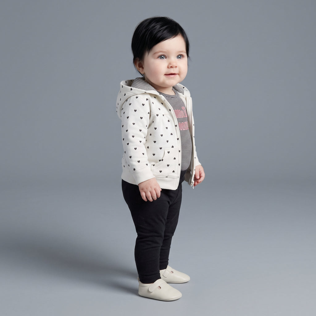 Bebé niña vistiendo conjunto EmpiBy de 3 piezas: chaqueta blanca con corazones, body a rayas y legging negro.