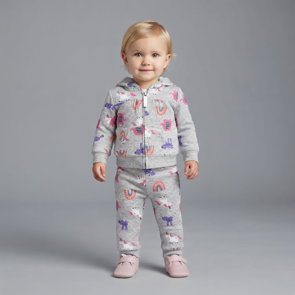 Bebé niña vistiendo conjunto EmpiBy de tres piezas gris con estampado de unicornios y arcoíris, chaqueta y pantalón.