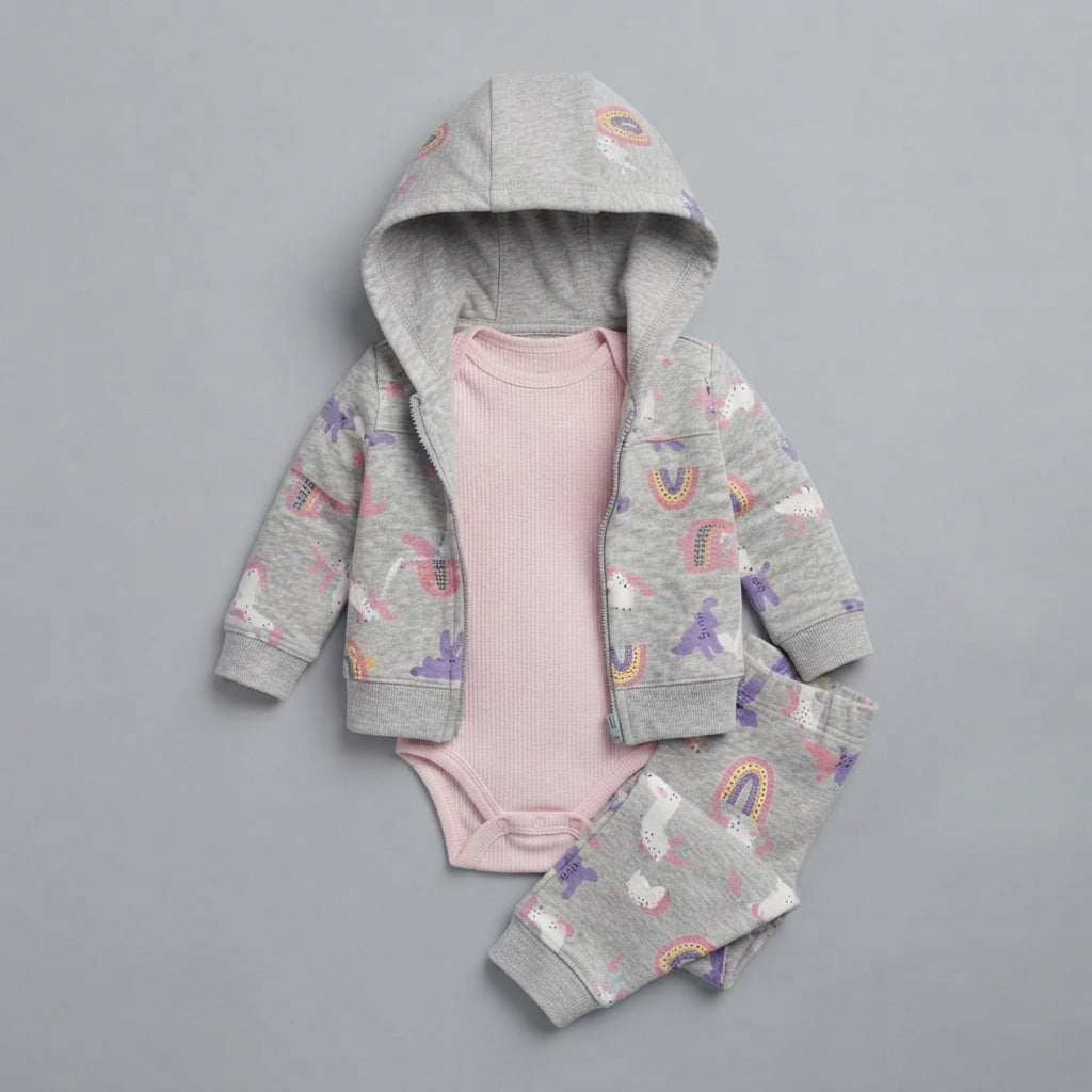 Conjunto EmpiBy de 3 piezas para bebé niña con chaqueta gris de unicornios, body rosa y pantalón a juego.