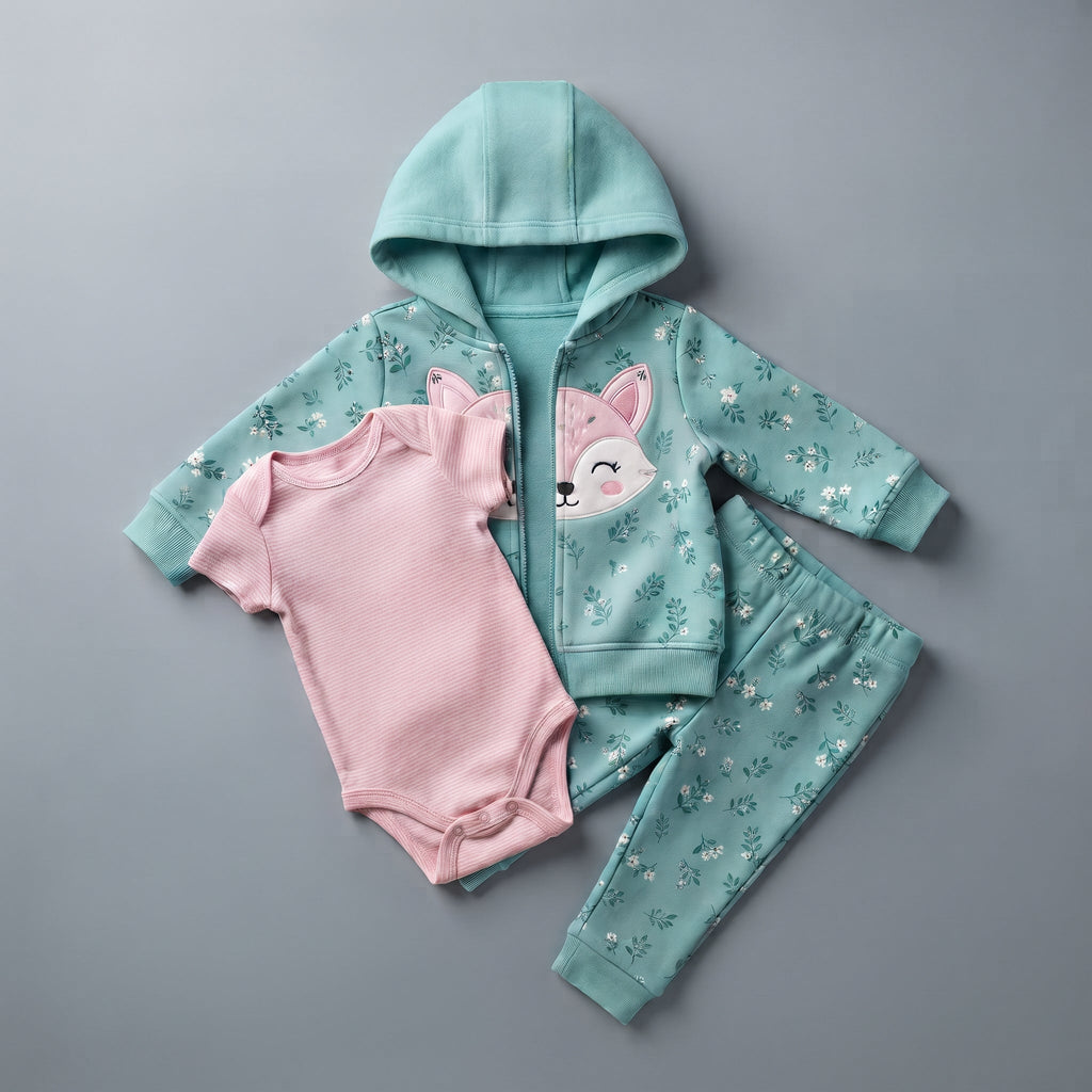 Conjunto EmpiBy de 3 piezas para bebé: chaqueta menta con zorrito, body rosa y pantalón floral a juego.
