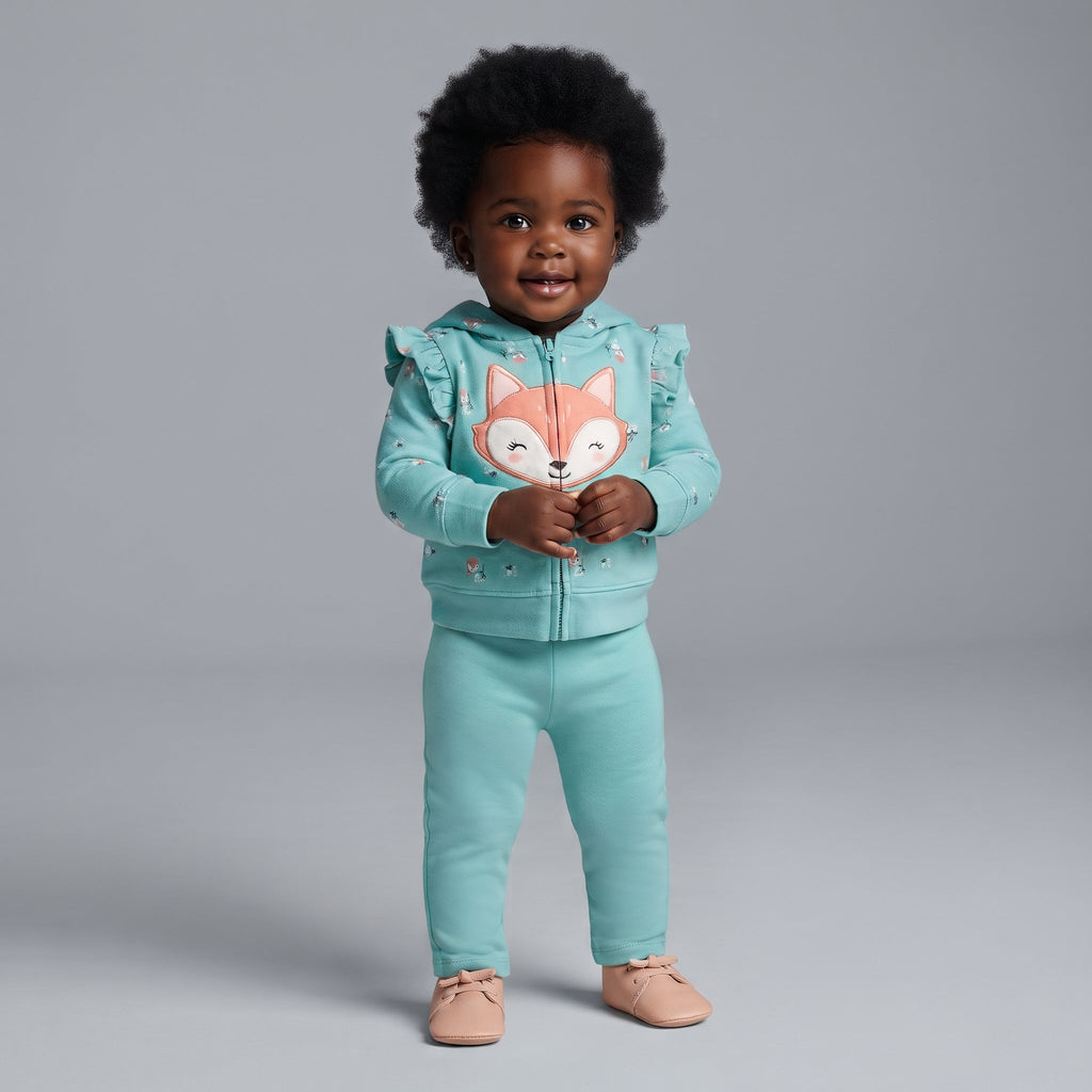 Bebé con conjunto EmpiBy de 3 piezas: chaqueta azul menta con capucha y zorrito, body rosa y pantalón floral a juego.