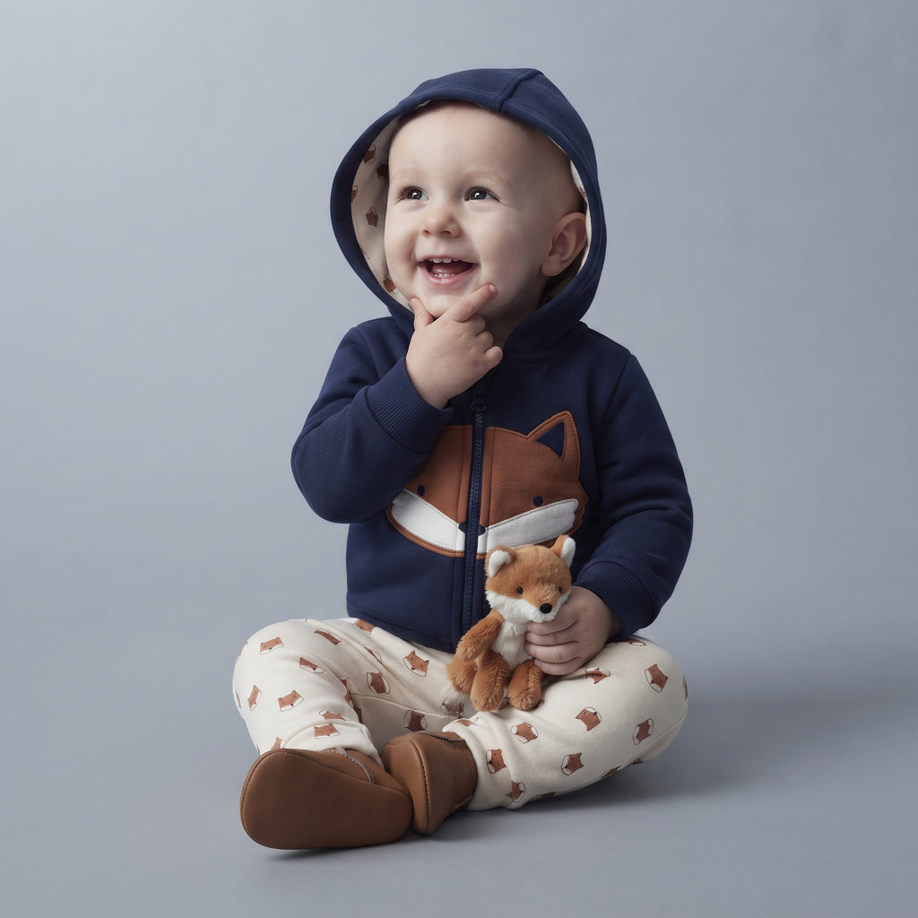 Bebé sonriente con conjunto EmpiBy de zorro: chaqueta azul marino, body terracota y pantalón estampado con zorro