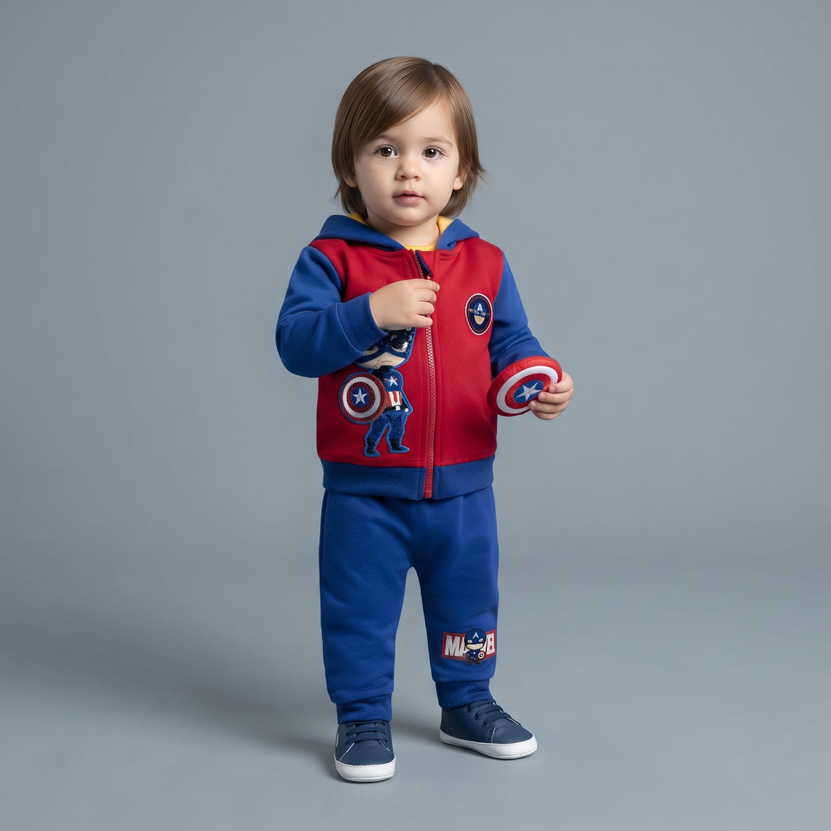 Niño pequeño vistiendo conjunto EmpiBy de Capitán América con sudadera roja y azul y pantalón jogger a juego.