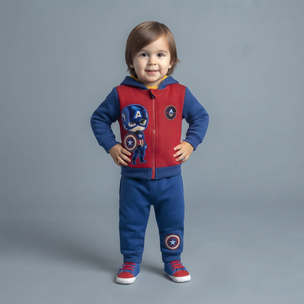 Niño pequeño vistiendo conjunto EmpiBy de Capitán América con sudadera roja y azul y pantalón jogger a juego.