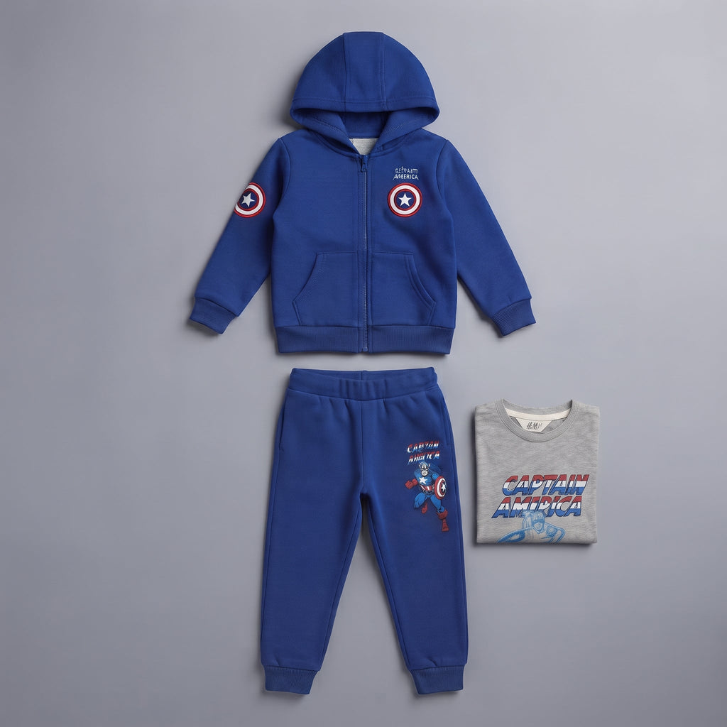 Conjunto EmpiBy de 3 piezas de Capitán América para niño con sudadera azul, pantalón jogger y camiseta gris estampada
