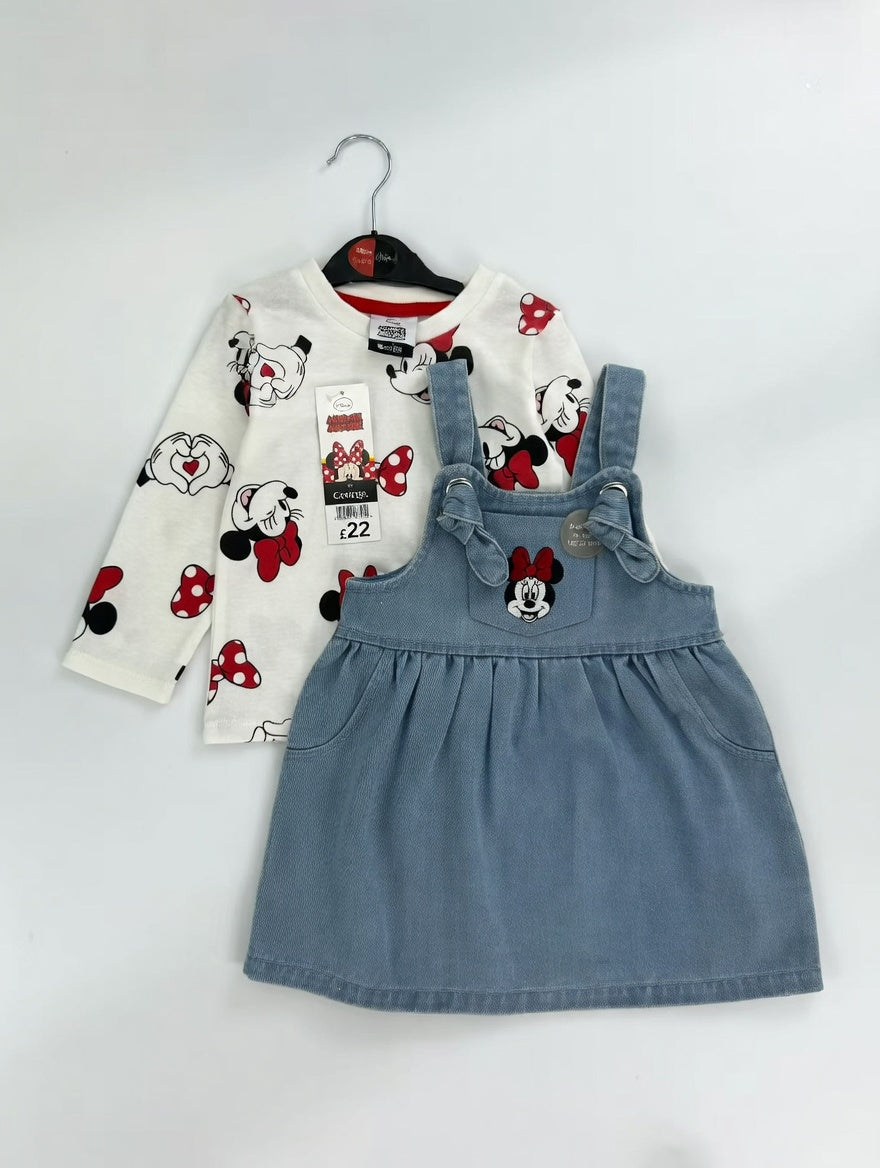 Conjunto EmpiBy de vestido overol denim azul y camiseta manga larga con estampado de Minnie Mouse para niña