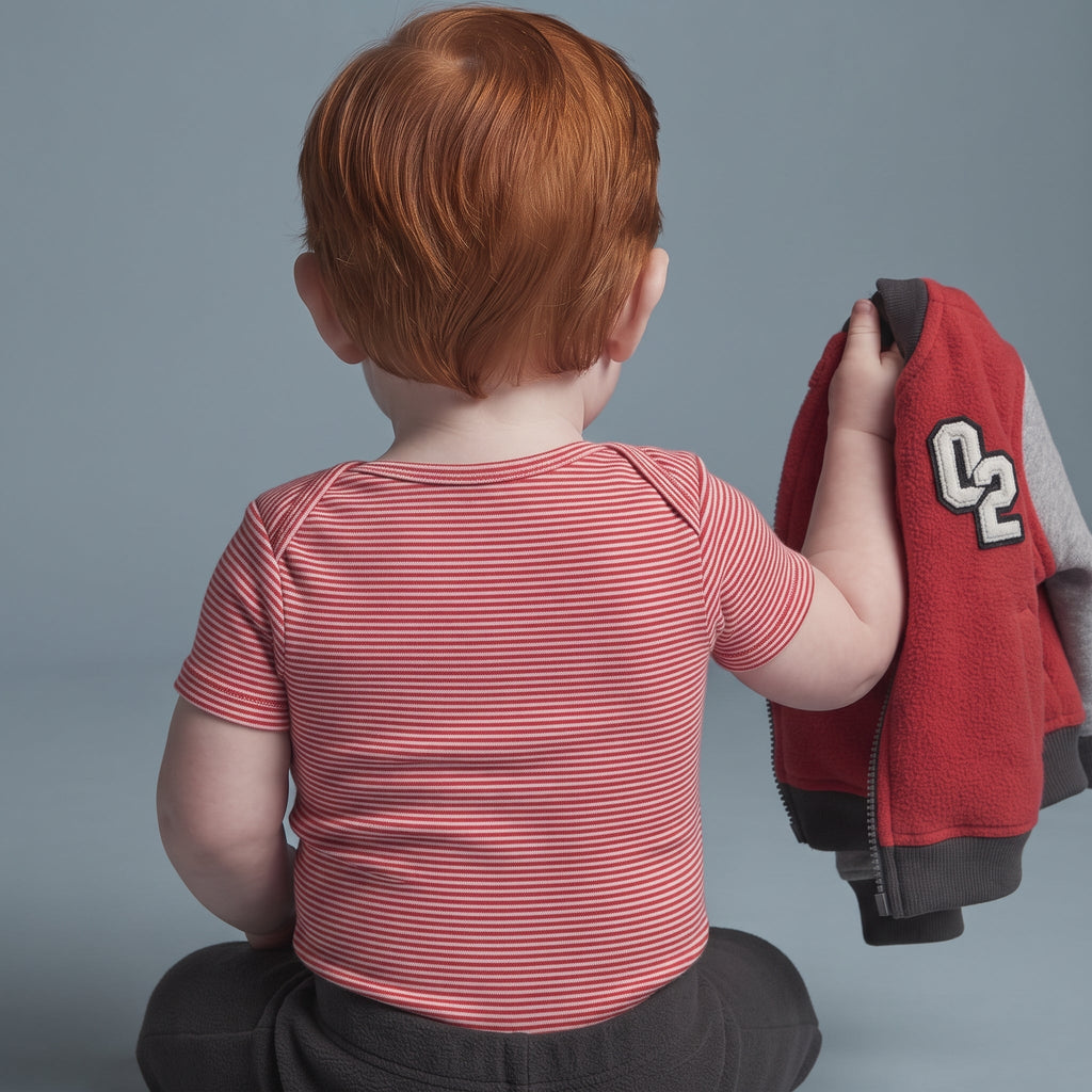 Conjunto deportivo EmpiBy de 3 piezas para bebé niño con chaqueta bomber roja, body a rayas y pantalón gris oscuro.