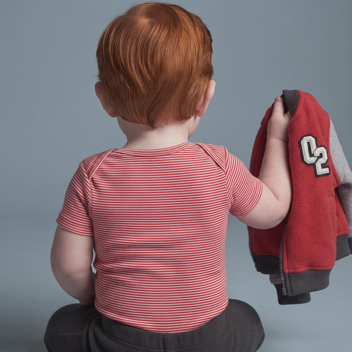 Conjunto deportivo EmpiBy de 3 piezas para bebé niño con chaqueta bomber roja, body a rayas y pantalón gris oscuro.