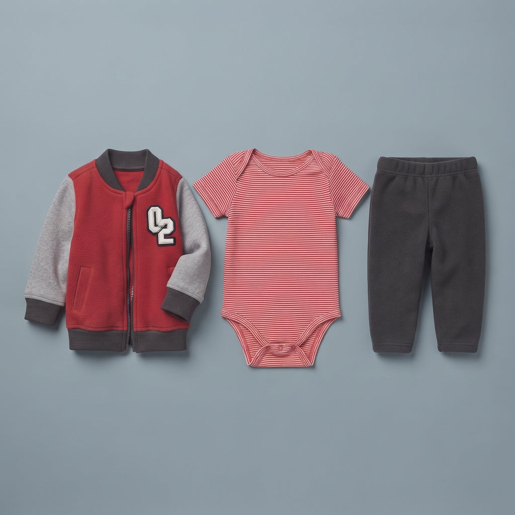 Conjunto EmpiBy de 3 piezas para bebé niño: chaqueta bomber roja, body a rayas terracota y pantalón gris oscuro.