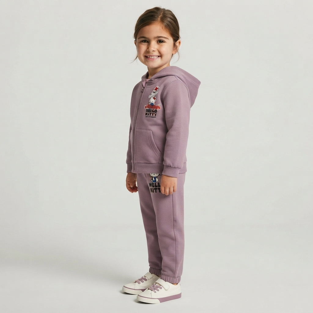 Niña vistiendo conjunto deportivo de felpa morado EmpiBy con estampado de Hello Kitty y sudadera con capucha
