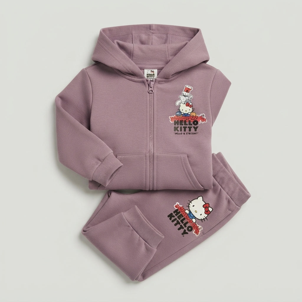 Conjunto deportivo EmpiBy de felpa color malva con estampado de Hello Kitty y amigos, incluye sudadera y pantalón.